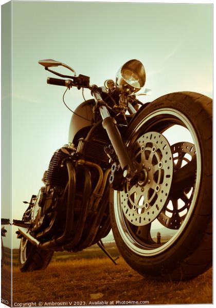 A two tone close up shot of the front tyre of a custom made motorbike, chopper Canvas Print by Ambrosini V