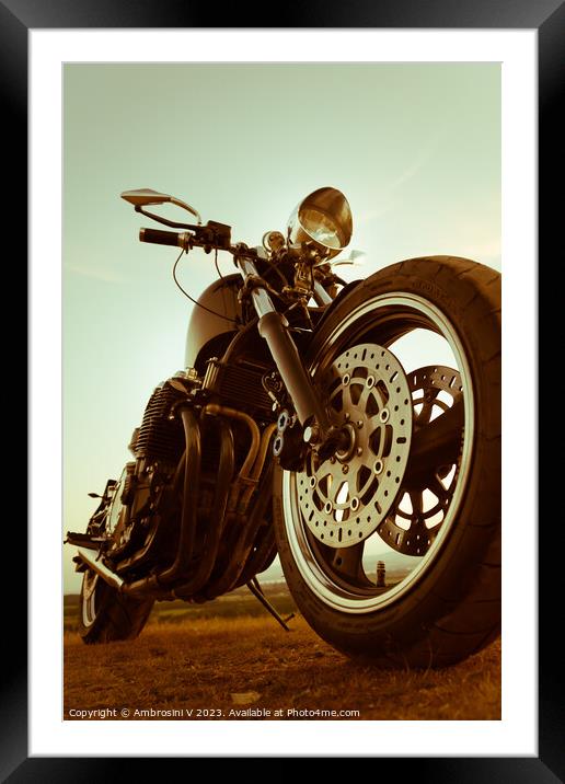 A two tone close up shot of the front tyre of a custom made motorbike, chopper Framed Mounted Print by Ambrosini V