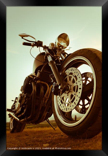 A two tone close up shot of the front tyre of a custom made motorbike, chopper Framed Print by Ambrosini V