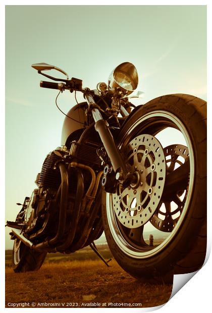 A two tone close up shot of the front tyre of a custom made motorbike, chopper Print by Ambrosini V