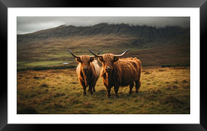 Two highland cows standing above the turf Framed Mounted Print by Guido Parmiggiani