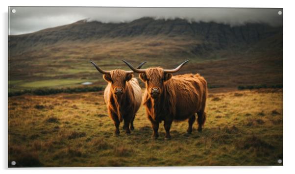 Two highland cows standing above the turf Acrylic by Guido Parmiggiani