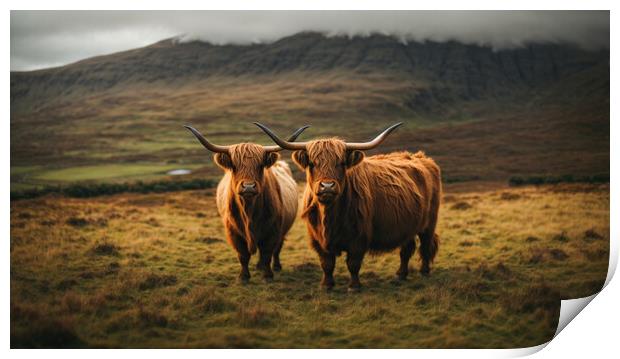Two highland cows standing above the turf Print by Guido Parmiggiani