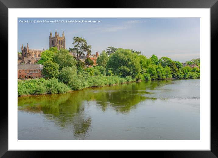 Hereford Cathedral Across River Wye Herefordshire Framed Mounted Print by Pearl Bucknall