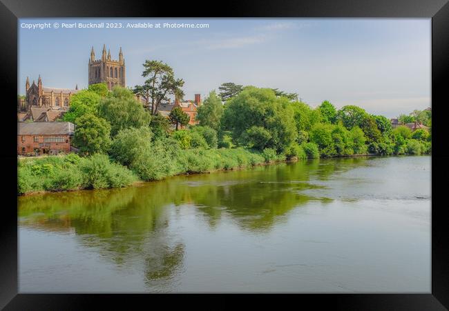Hereford Cathedral Across River Wye Herefordshire Framed Print by Pearl Bucknall