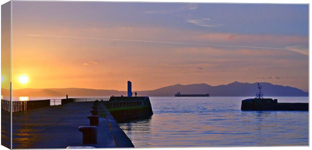 Ayr harbour pier and Arran at sunset Canvas Print by Allan Durward Photography