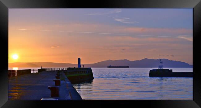 Ayr harbour pier and Arran at sunset Framed Print by Allan Durward Photography