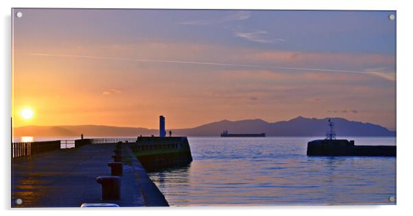 Ayr harbour pier and Arran at sunset Acrylic by Allan Durward Photography