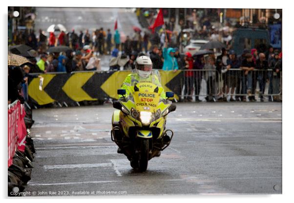 Cycling road race police support Acrylic by John Rae