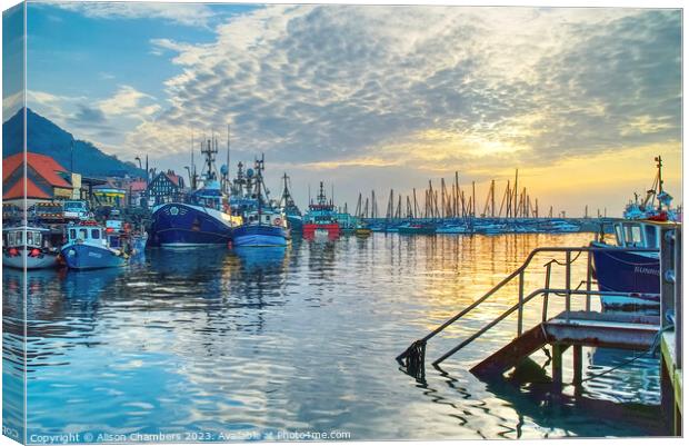 Scarborough Harbour Sunset in Watercolour  Canvas Print by Alison Chambers