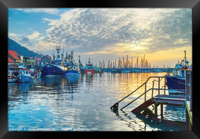 Scarborough Harbour Sunset in Watercolour  Framed Print by Alison Chambers