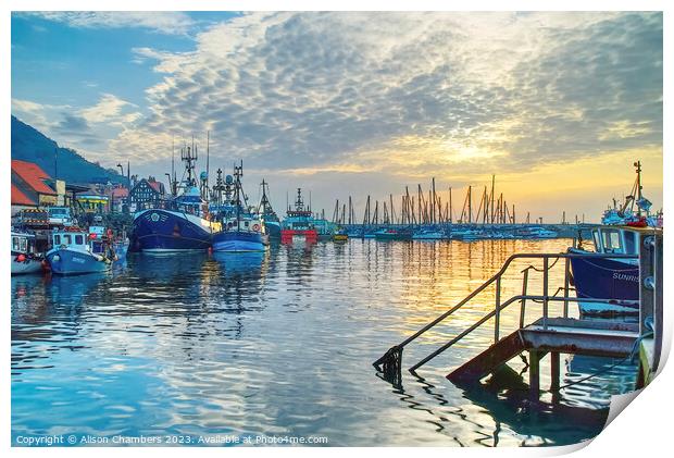 Scarborough Harbour Sunset in Watercolour  Print by Alison Chambers