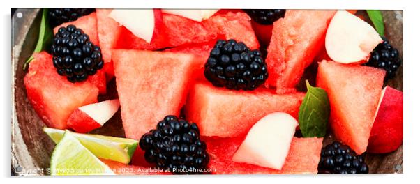 Healthy summer watermelon salad, close up. Acrylic by Mykola Lunov Mykola