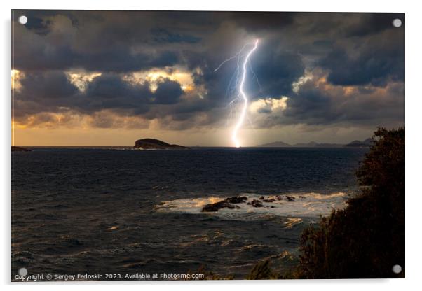 Dramatic dark stormy sky and lightning over a sea Acrylic by Sergey Fedoskin