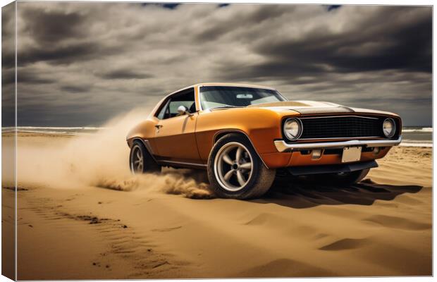 A powerful muscle car chums up sand at a beach. Canvas Print by Michael Piepgras