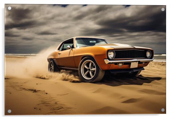 A powerful muscle car chums up sand at a beach. Acrylic by Michael Piepgras