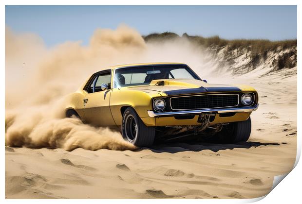 A powerful muscle car chums up sand at a beach. Print by Michael Piepgras