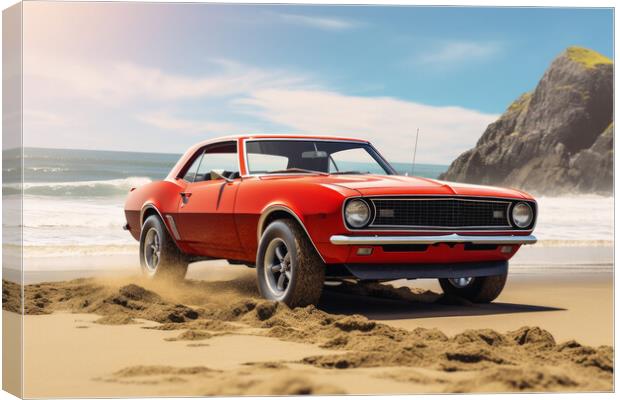 A powerful muscle car chums up sand at a beach. Canvas Print by Michael Piepgras