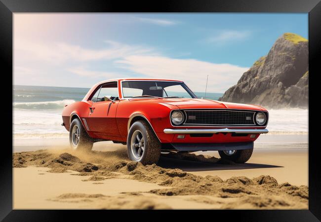 A powerful muscle car chums up sand at a beach. Framed Print by Michael Piepgras