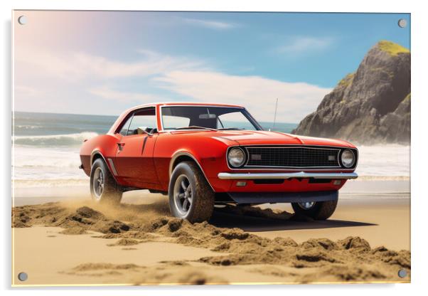 A powerful muscle car chums up sand at a beach. Acrylic by Michael Piepgras