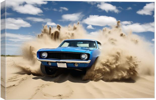 A powerful muscle car chums up sand at a beach. Canvas Print by Michael Piepgras