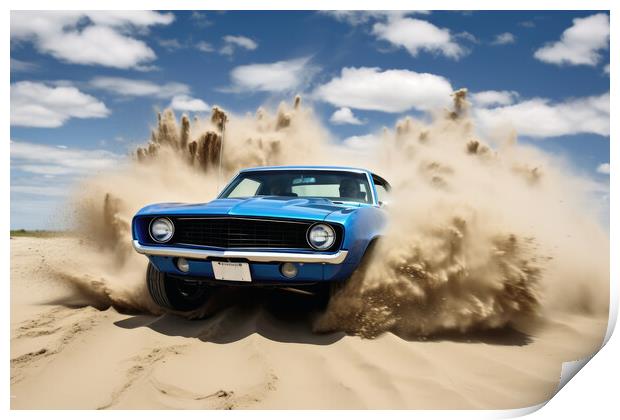 A powerful muscle car chums up sand at a beach. Print by Michael Piepgras