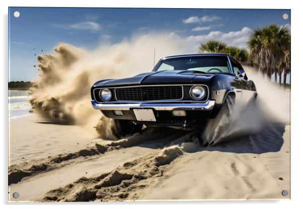 A powerful muscle car chums up sand at a beach. Acrylic by Michael Piepgras