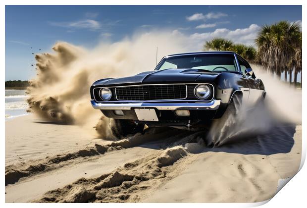 A powerful muscle car chums up sand at a beach. Print by Michael Piepgras