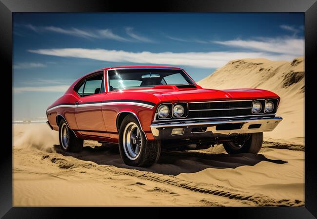 A powerful muscle car chums up sand at a beach. Framed Print by Michael Piepgras
