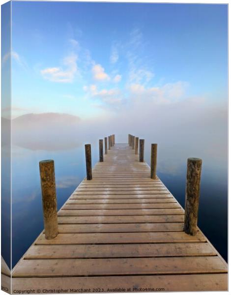A jetty leading into the foggy lake Ullswater  Canvas Print by Christopher Marchant