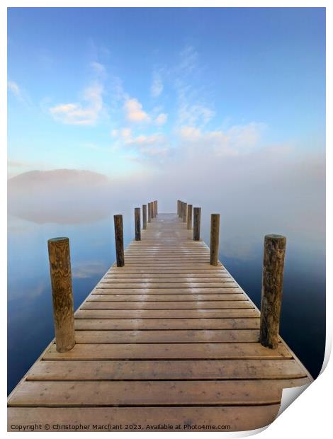 A jetty leading into the foggy lake Ullswater  Print by Christopher Marchant