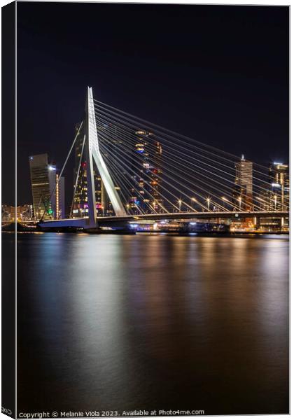 Erasmus Bridge at night with Rotterdam skyline Canvas Print by Melanie Viola