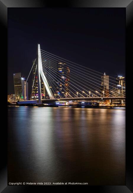 Erasmus Bridge at night with Rotterdam skyline Framed Print by Melanie Viola