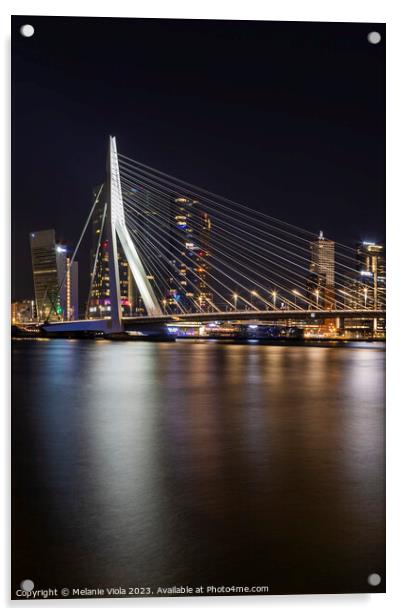 Erasmus Bridge at night with Rotterdam skyline Acrylic by Melanie Viola