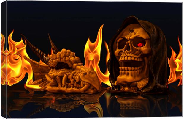 Infernal Dance of Dragon and Human Skulls Canvas Print by Steve Purnell