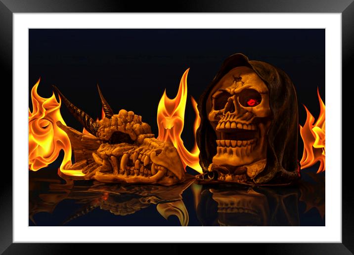 Infernal Dance of Dragon and Human Skulls Framed Mounted Print by Steve Purnell