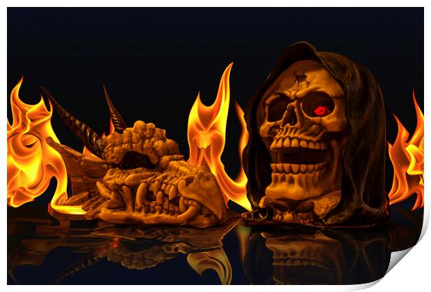 Infernal Dance of Dragon and Human Skulls Print by Steve Purnell