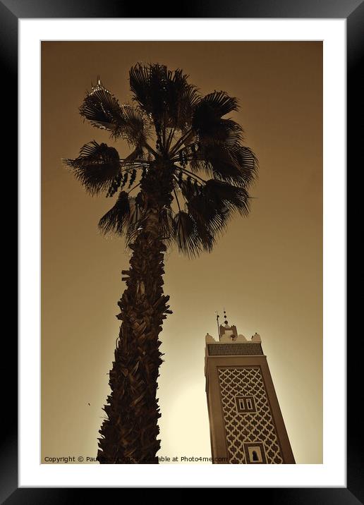 Palm tree and minaret, Taroudant, sepia  Framed Mounted Print by Paul Boizot