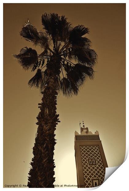 Palm tree and minaret, Taroudant, sepia  Print by Paul Boizot