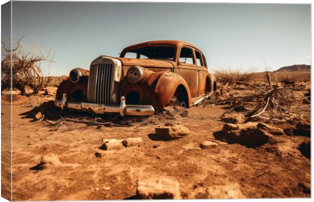 A vintage car rotting next to a sandy road. Canvas Print by Michael Piepgras