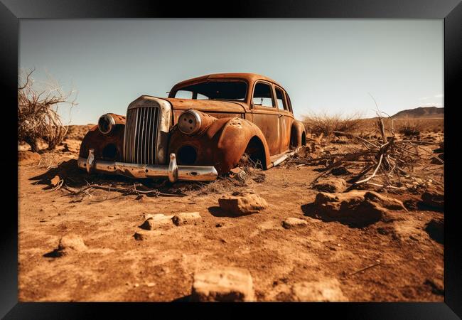 A vintage car rotting next to a sandy road. Framed Print by Michael Piepgras