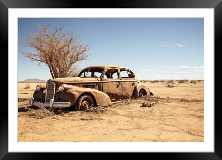 A vintage car rotting next to a sandy road. Framed Mounted Print by Michael Piepgras