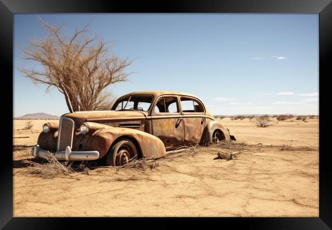 A vintage car rotting next to a sandy road. Framed Print by Michael Piepgras