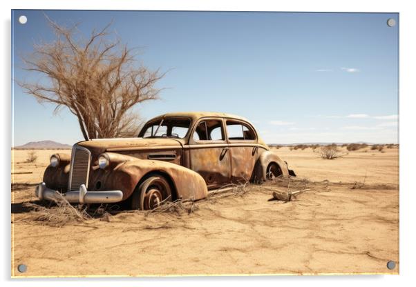 A vintage car rotting next to a sandy road. Acrylic by Michael Piepgras