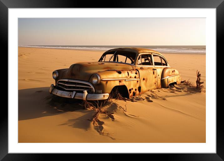 A vintage car rotting next to a sandy road. Framed Mounted Print by Michael Piepgras