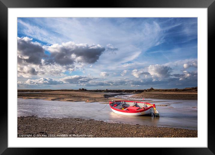 Red and White Boat Burnham Overy Staithe  Framed Mounted Print by Jim Key