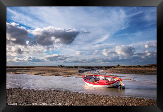 Red and White Boat Burnham Overy Staithe  Framed Print by Jim Key