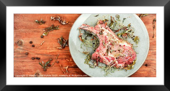 Raw pork steak Tomahawk, space for text. Framed Mounted Print by Mykola Lunov Mykola
