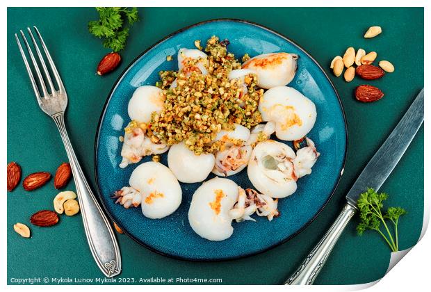 Grilled calamari squid with nuts. Print by Mykola Lunov Mykola