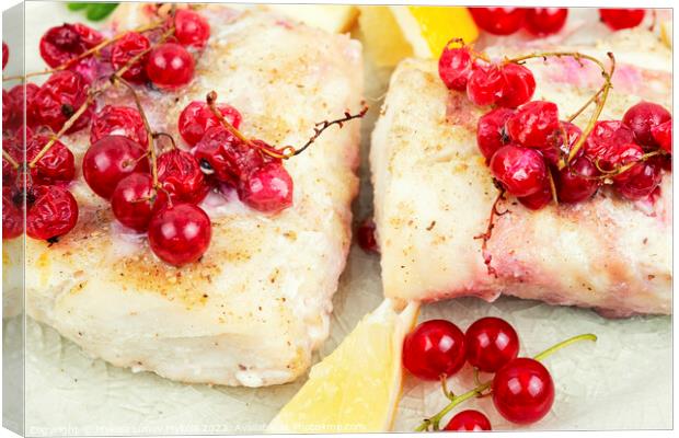 Codfish loin baked with berries, white fish. Canvas Print by Mykola Lunov Mykola
